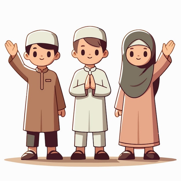 ベクター 可愛いイスラム教徒の子供たち 漫画のフラットデザインスタイルのラマダン