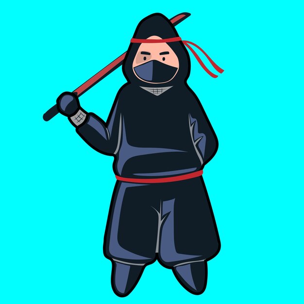 Vector cute ninja standing with swords cartoon vector illustration