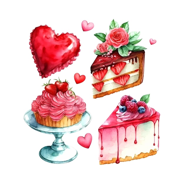 Vector cute objects and elements for Valentine's Day cards flowers heart sweets cake key candy rose lollipop ice cream cart