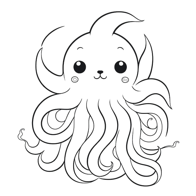 A vector of a cute Octopus in black and white coloring transparent white background