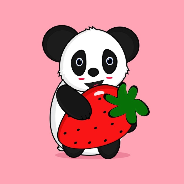 Vettore carino panda che abbraccia fragola