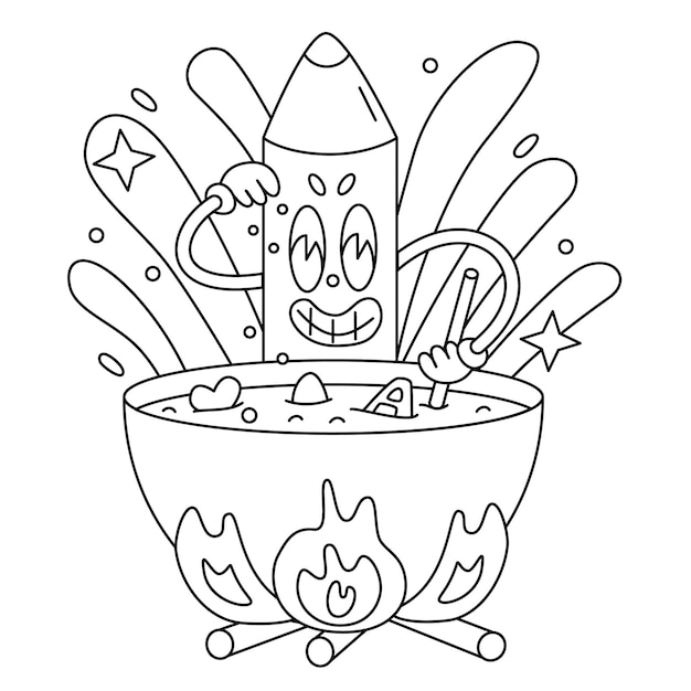 Vector cute pencil cooks soup coloring book cartoon isolated on white Coloring page Outline