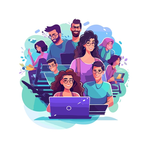 vector cute people playing laptop cartoon