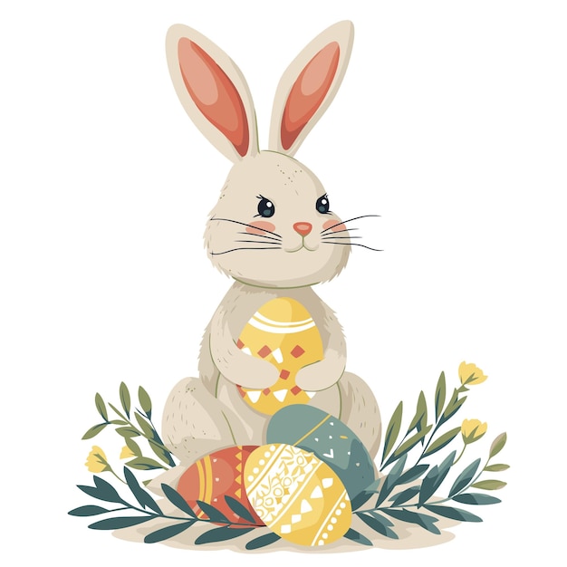 Вектор милый кролик с пасхальными яйцами