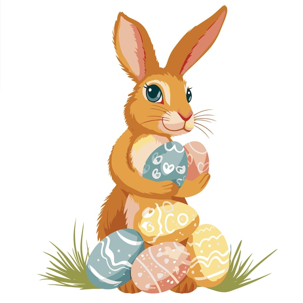 Vector cute rabbit holding easter eggs