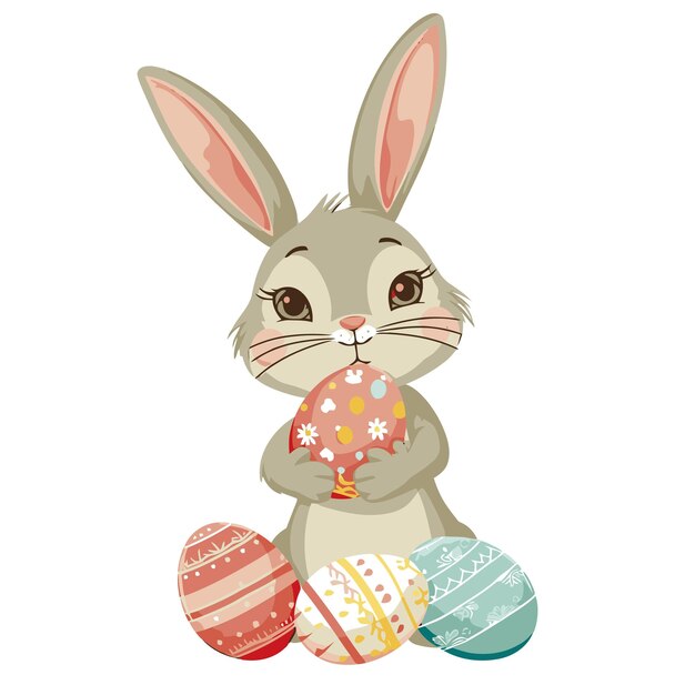 Vector cute rabbit holding easter eggs