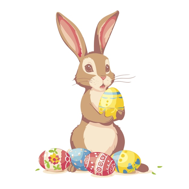 Vector cute rabbit holding easter eggs