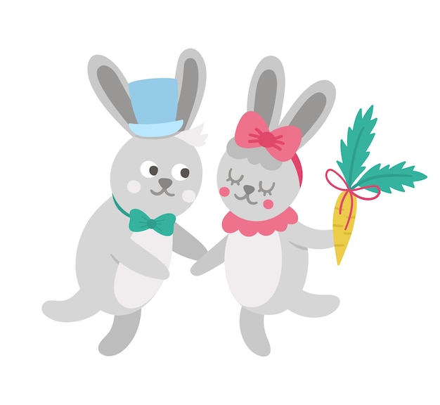 Vector cute rabbits pair. Loving animal couple illustration. Love relationship or family concept. Hugging hares isolated on white background. Funny Valentineâs day characters.