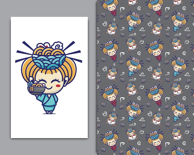 Vector cute ramen mascot cartoon illustration and seamless pattern set