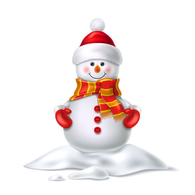 Вектор милый реалистичный снеговик в варежке шарф шапка