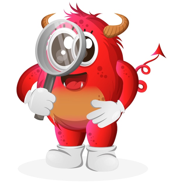 Vector Cute red monster conducting research holding a magnifying glass