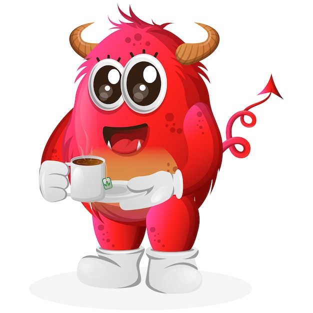 Vector Cute red monster drinking tea tea time