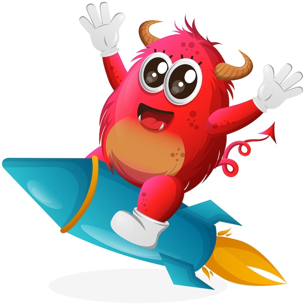 Vector Cute red monster flying on rocket