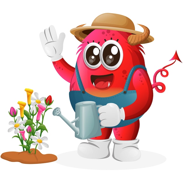 Vector Cute red monster gardening taking care of plants