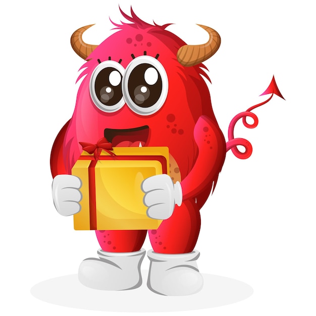 Vector cute red monster holding gift box