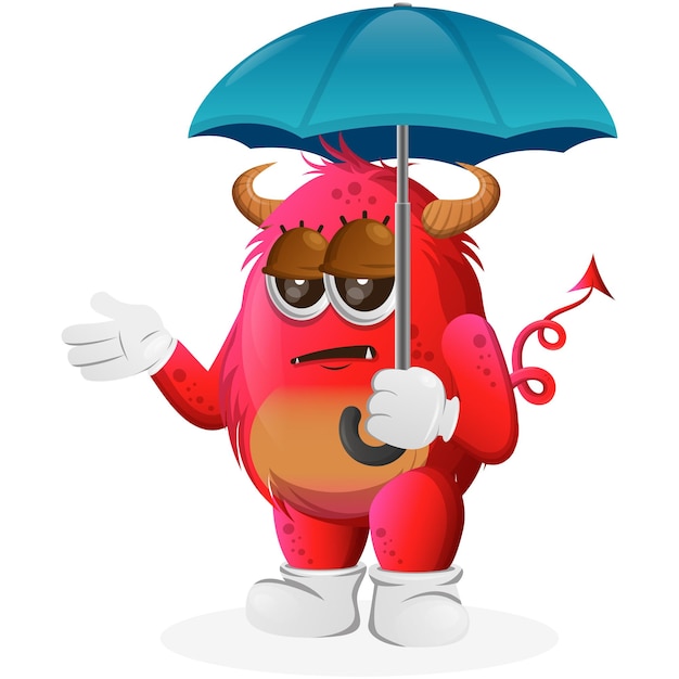 Vector Cute red monster holding umbrella with bored expression