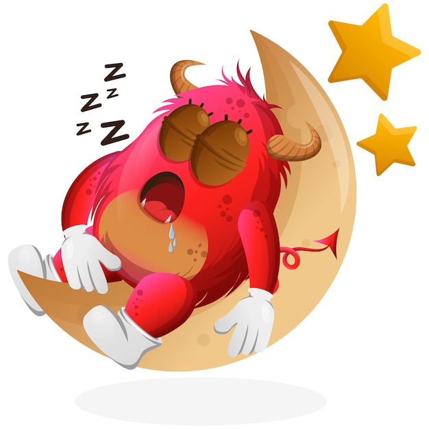 Vector Cute red monster sleeping sleeping on the moon