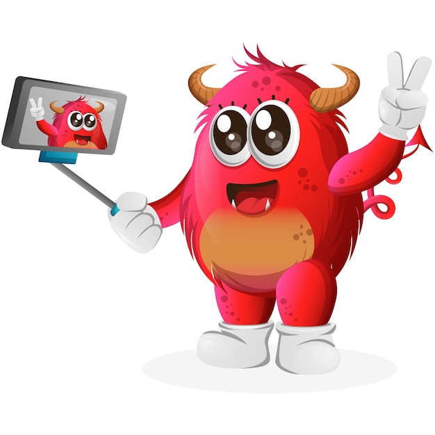 Vector Cute red monster takes a selfie with smartphone