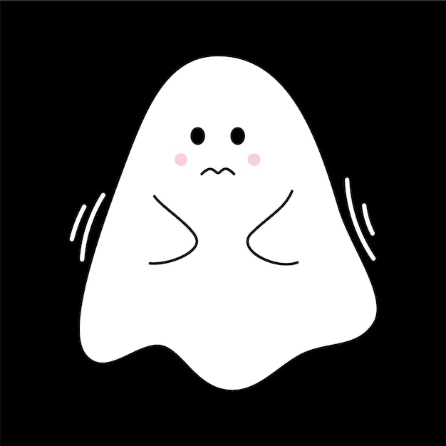 Vector cute sad ghost Spirit in flat design White phantom on black background Doodle ghost Halloween