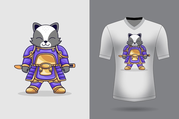 Vector vector cute samurai cat holding sword katana cartoon vector icon illustration animal nature icon concept isolated