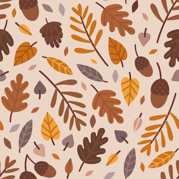 Vector cute seamless pattern with Autumn leaves and acorns