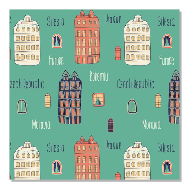 Vector vector cute seamless pattern with czech landmarks czech sign tourist pattern with czech landmarks