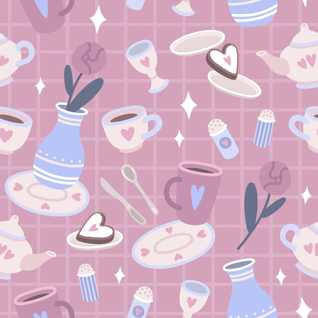 Vector vector cute seamless pink pattern with kitchenware pastel colors flowers and cookie