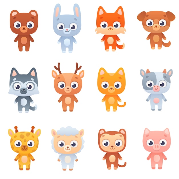 Vector cute set of animals isolates in cartoon style