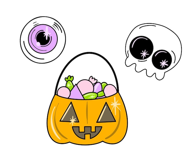 Vector Cute set of halloween icons in flat style. Candy pumpkin, skull, purple eye.