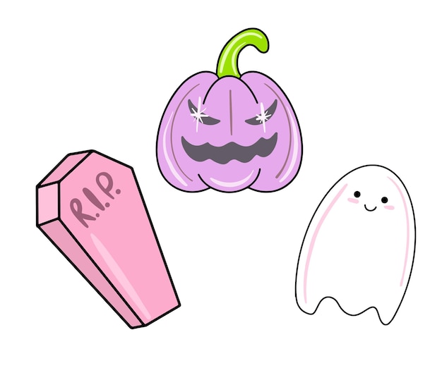 Vector Cute set of halloween icons in flat style. Pink coffin, ghost, spooky purple pumpkin.