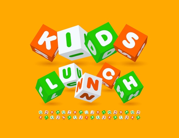 Cartello vettoriale simpatico pranzo per bambini con set di lettere e numeri di alfabeto isometrico luminoso 3d carattere cubico