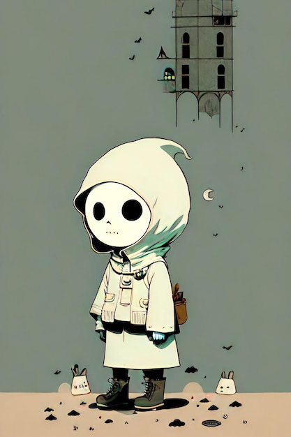 A vector of cute skull halloween ghost cartoon character illustration