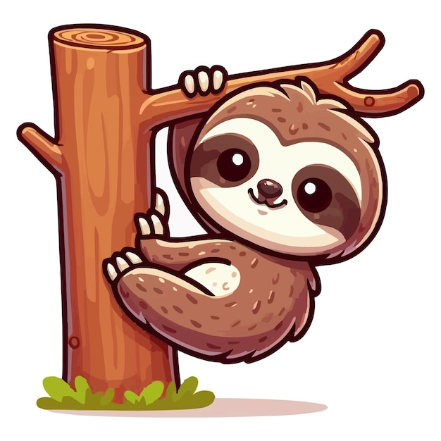 Векторный мультфильм о милом ленивце, висящем на дереве.