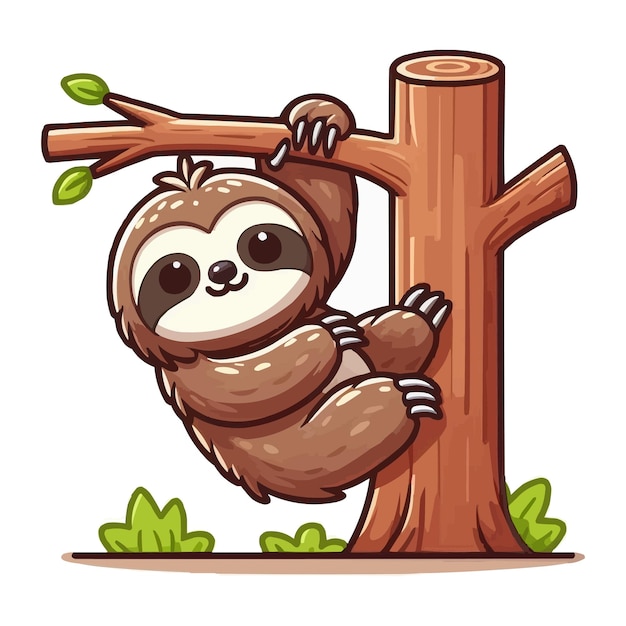 vector Cute sloth hanging on wood tree cartoon