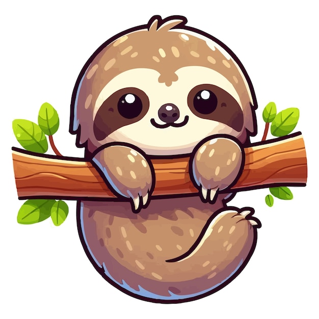 vector Cute sloth hanging on wood tree cartoon