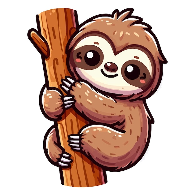 vector Cute sloth hanging on wood tree cartoon