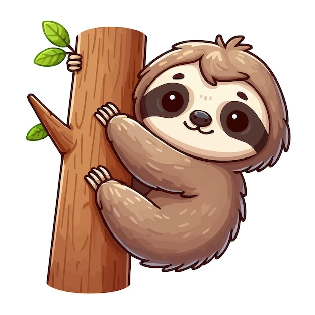 vector Cute sloth hanging on wood tree cartoon
