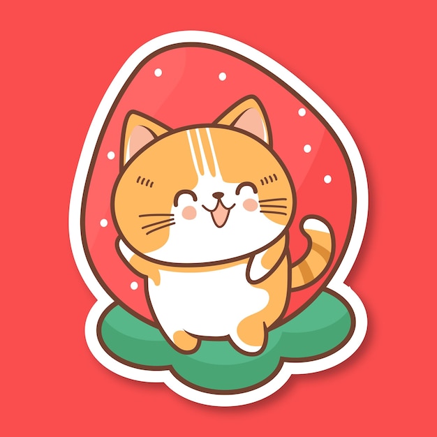 Vector cute strawberry cat kawaii style sticker Children illustration Meow Animal print yammi berry