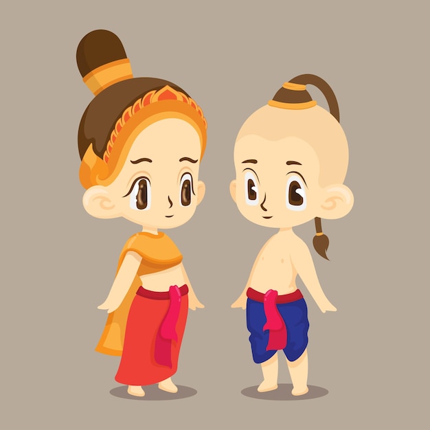 Vector vector cute style thai kids in traditional costume