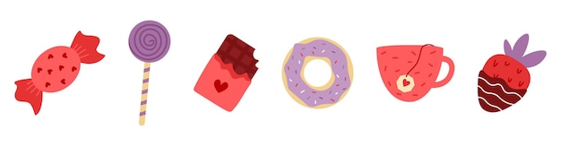 티백과 초콜릿으로 덮인 딸기 도넛과 롤리팝이 있는 벡터 귀여운 과자 컵