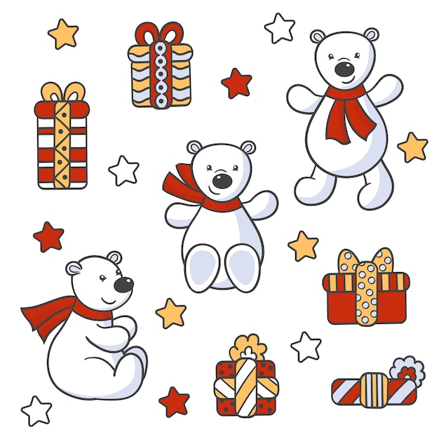 Vector cute toy bears and gifts