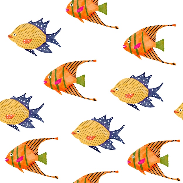 Vector cute tropical fish pattern illustration. Bright watercolor isolated fish