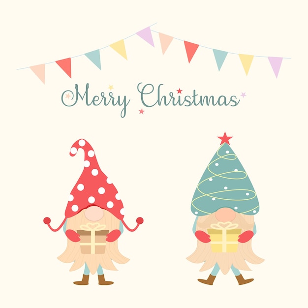 Vector Cute twee Gnome met geschenkdoos met vlag en belettering Merry Christmas op lichtgeel