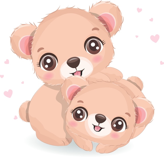 Vector cute two little teddy bears playing together