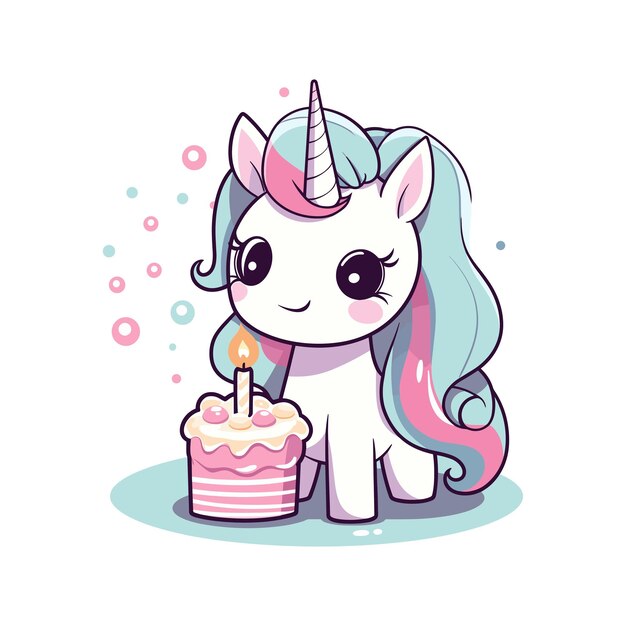 Vector vector cute unicorn cartoon with bithday cake character dessert cake cream fairy tale animal