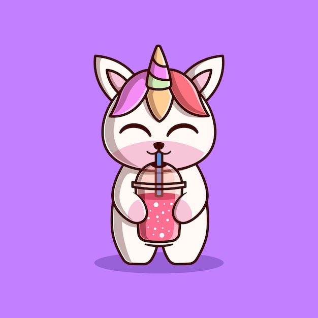 Vector cute unicorn drinking smoothie illustration kawaii animal cartoon character design