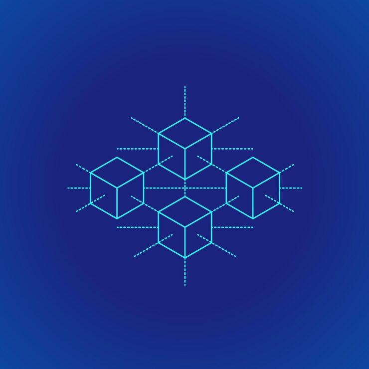 Vector 벡터 시안색 개요 디자인 블록체인 p2p 분산 데이터베이스 원리 설명 체계 그림 아이콘 격리 된 파란색 배경