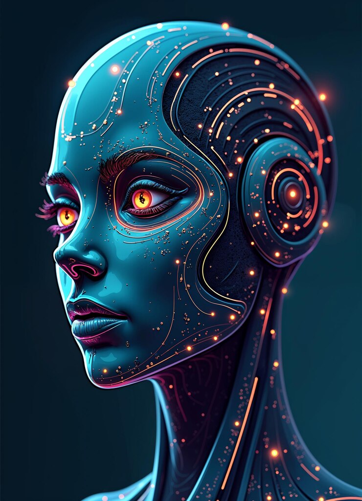 Vector vector of a cyborg with glowing red eyes and glowing circuits arround its head on dark background