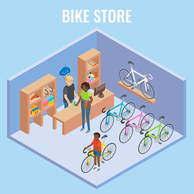 Vector vector d isometric bike shop concept illustration