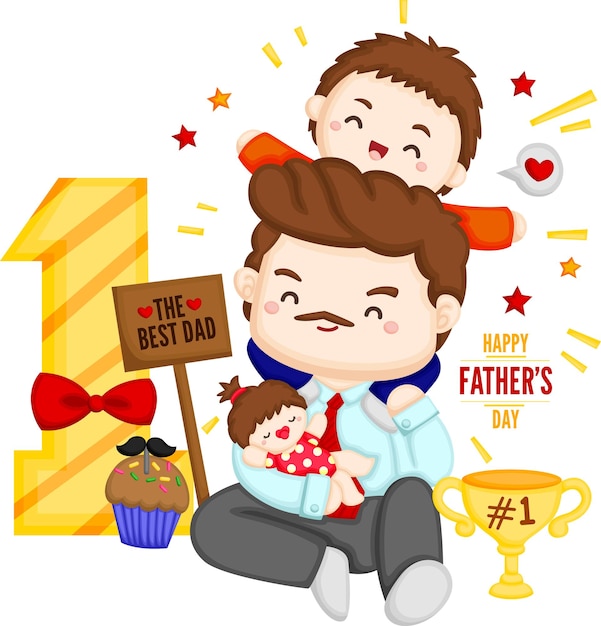 a vector of a dad with his two kids celebrating father's day